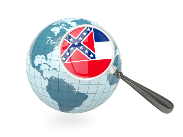 Флаг под увеличительным стеклом с голубым глобусом. Загрузить иконку флага штата Миссисипи