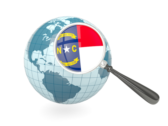 Флаг под увеличительным стеклом с голубым глобусом. Загрузить иконку флага штата Северная Каролина