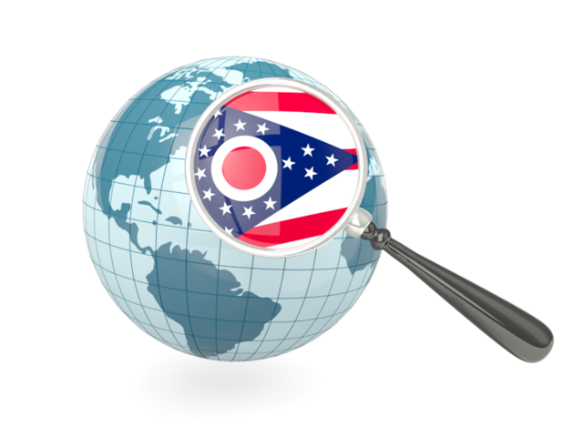 Флаг под увеличительным стеклом с голубым глобусом. Загрузить иконку флага штата Огайо