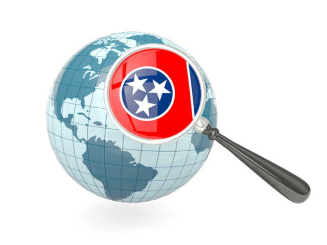 Флаг под увеличительным стеклом с голубым глобусом. Загрузить иконку флага штата Теннесси