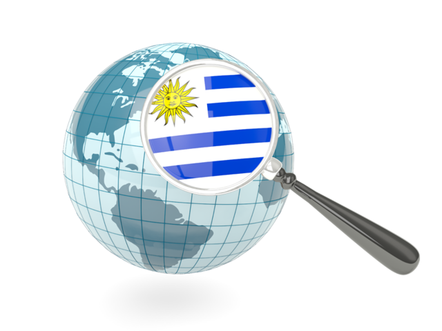 Флаг под увеличительным стеклом с голубым глобусом. Скачать флаг. Уругвай