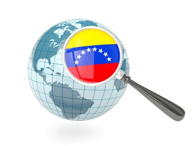 Флаг под увеличительным стеклом с голубым глобусом. Скачать флаг. Венесуэла