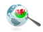 Wales. Magnified flag with blue globe. Download icon.