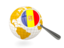 Andorra. Magnified flag with globe. Download icon.