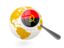 Angola. Magnified flag with globe. Download icon.