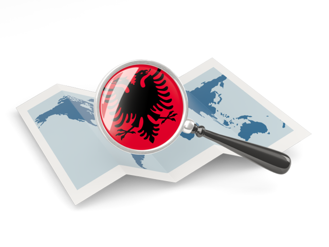 Флаг под увеличительным стеклом над картой. Скачать флаг. Албания