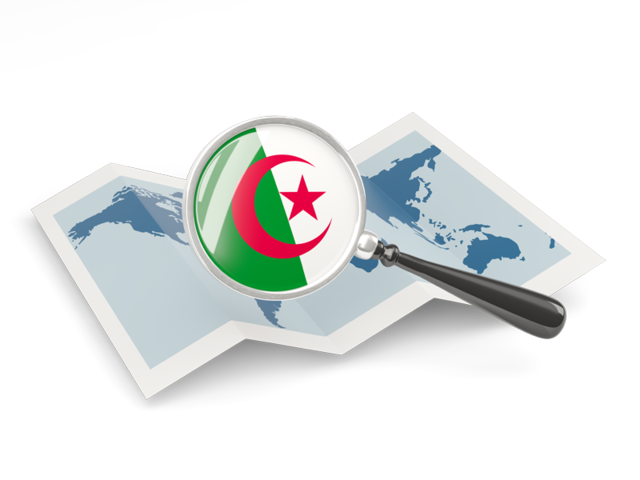 Флаг под увеличительным стеклом над картой. Скачать флаг. Алжир