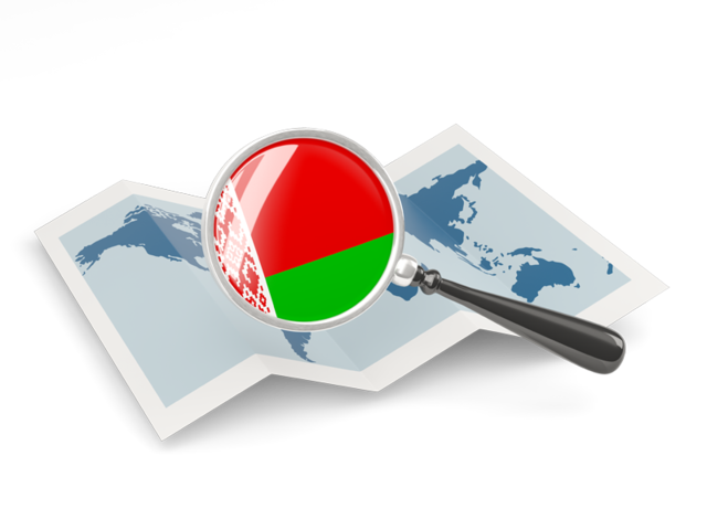 Флаг под увеличительным стеклом над картой. Скачать флаг. Белоруссия