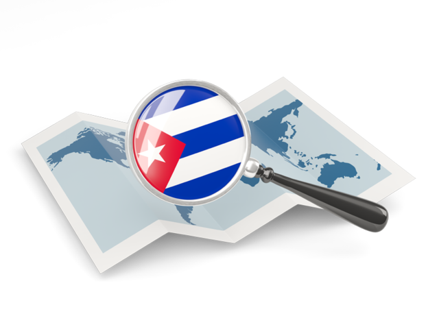 Флаг под увеличительным стеклом над картой. Скачать флаг. Куба
