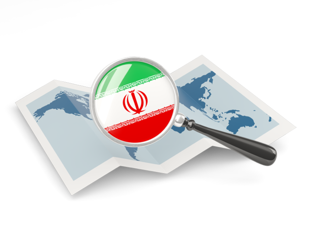 Флаг под увеличительным стеклом над картой. Скачать флаг. Иран