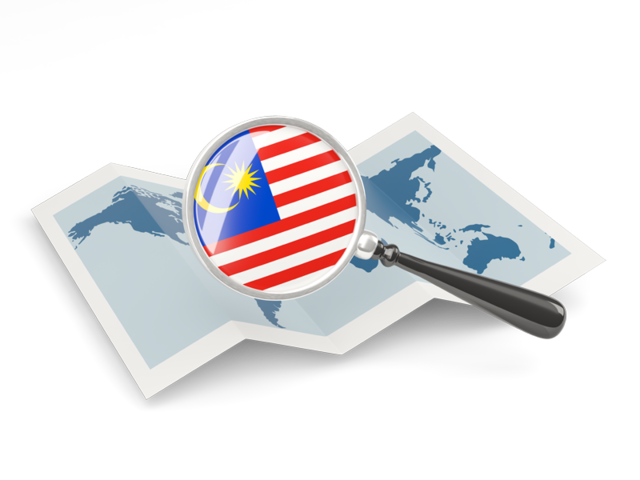 Флаг под увеличительным стеклом над картой. Скачать флаг. Малайзия