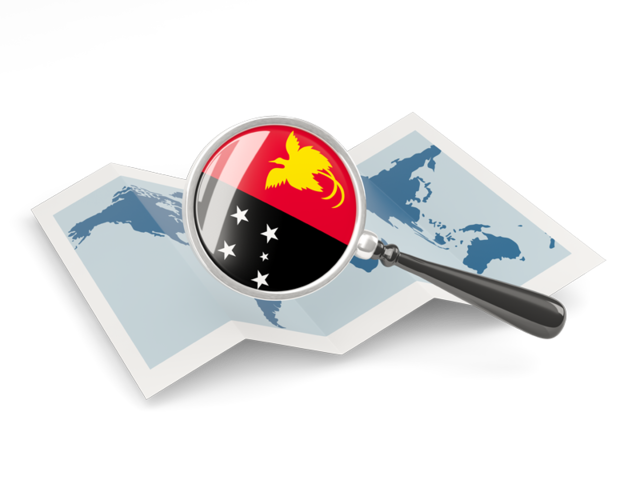 Флаг под увеличительным стеклом над картой. Скачать флаг. Папуа — Новая Гвинея