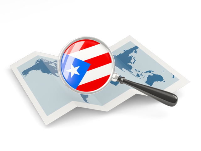 Флаг под увеличительным стеклом над картой. Скачать флаг. Пуэрто-Рико