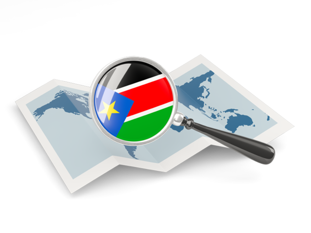 Флаг под увеличительным стеклом над картой. Скачать флаг. Южный Судан