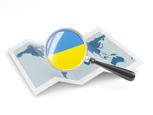 Флаг под увеличительным стеклом над картой. Скачать флаг. Украина