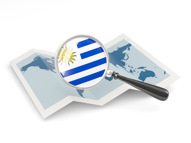 Флаг под увеличительным стеклом над картой. Скачать флаг. Уругвай