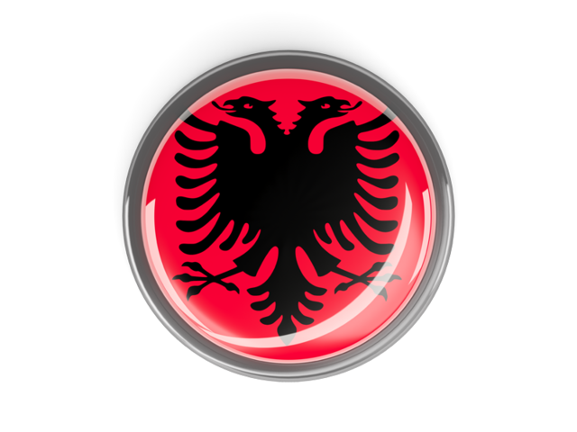 Metal framed round button. Download flag icon of Albania at PNG format