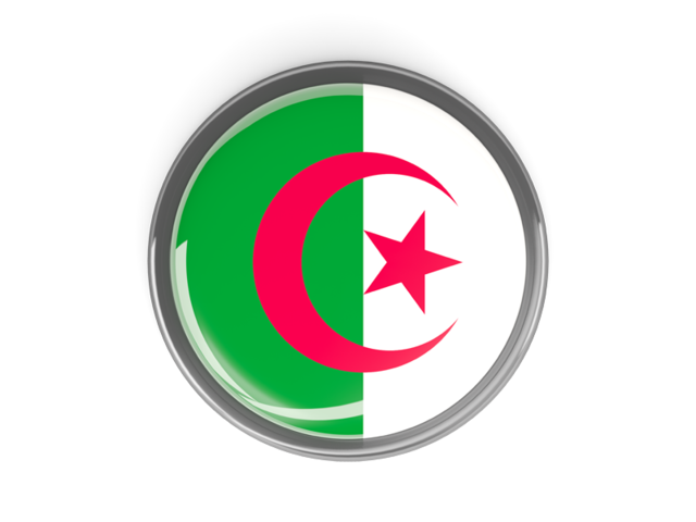Metal framed round button. Download flag icon of Algeria at PNG format