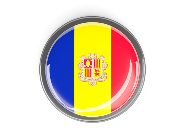 Metal framed round button. Download flag icon of Andorra at PNG format