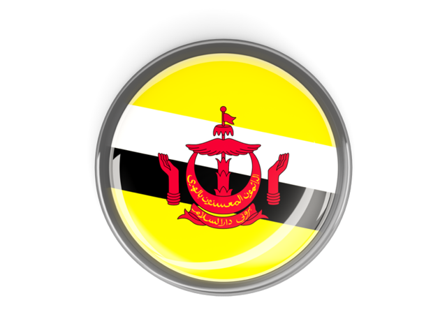 Metal framed round button. Download flag icon of Brunei at PNG format