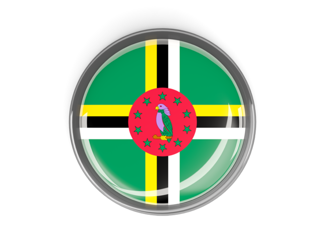 Metal framed round button. Download flag icon of Dominica at PNG format