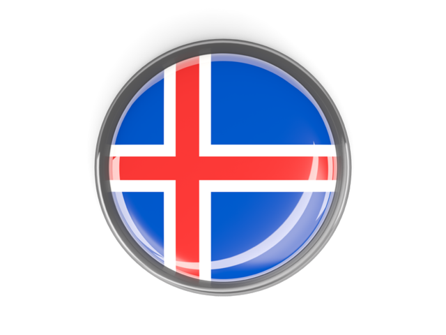Круглая кнопка с металлической рамкой. Скачать флаг. Исландия