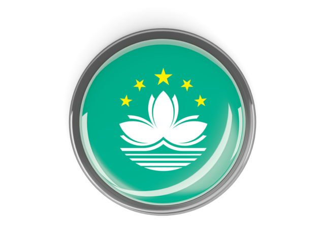 Metal framed round button. Download flag icon of Macao at PNG format