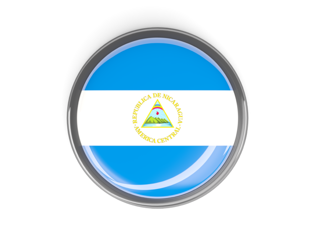Metal framed round button. Illustration of flag of Nicaragua