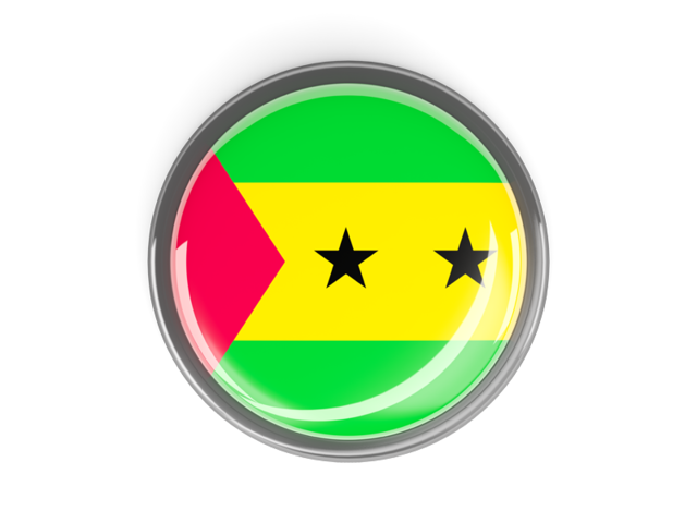 Metal framed round button. Download flag icon of Sao Tome and Principe at PNG format