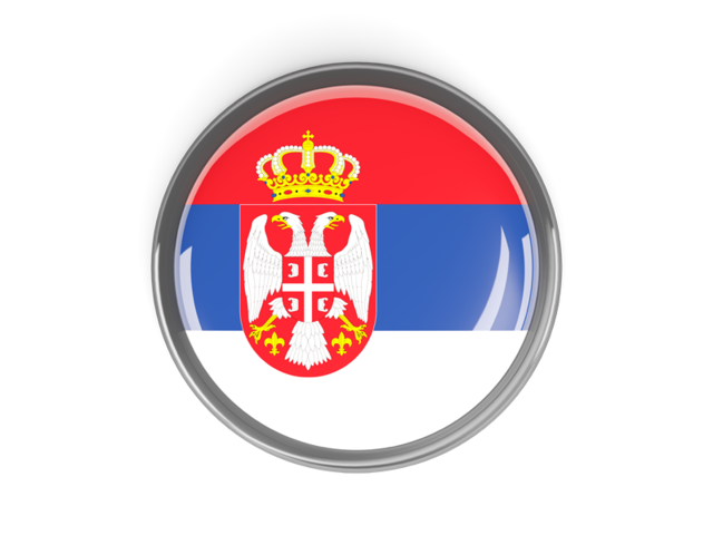 Metal framed round button. Download flag icon of Serbia at PNG format