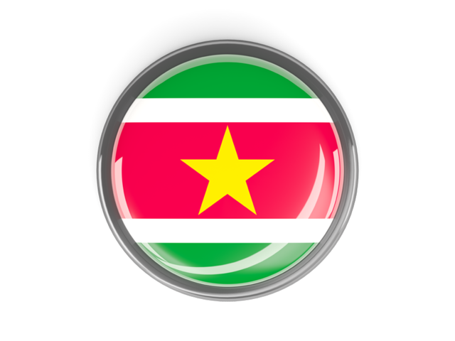 Metal framed round button. Download flag icon of Suriname at PNG format