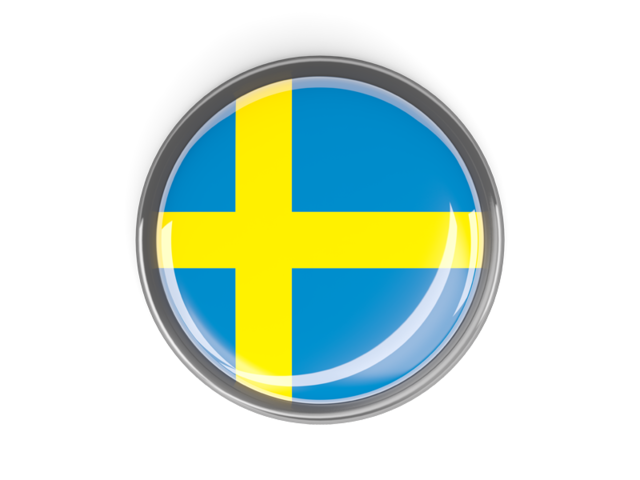 Круглая кнопка с металлической рамкой. Скачать флаг. Швеция