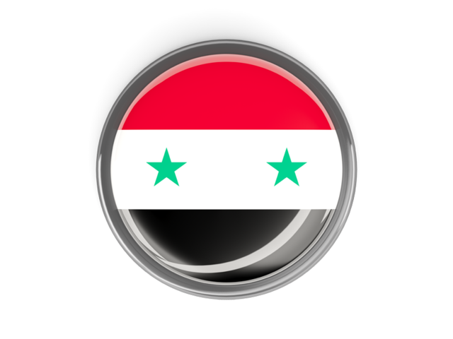 Metal framed round button. Download flag icon of Syria at PNG format