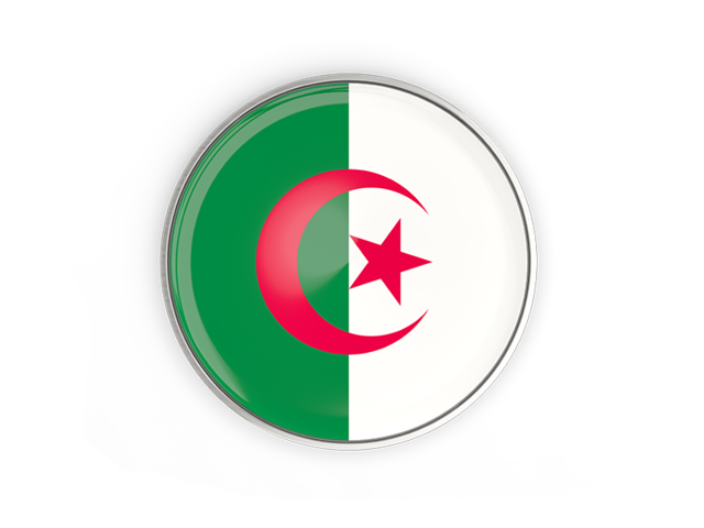 Round button with metal frame. Download flag icon of Algeria at PNG format