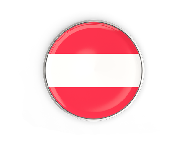 Round button with metal frame. Illustration of flag of Austria