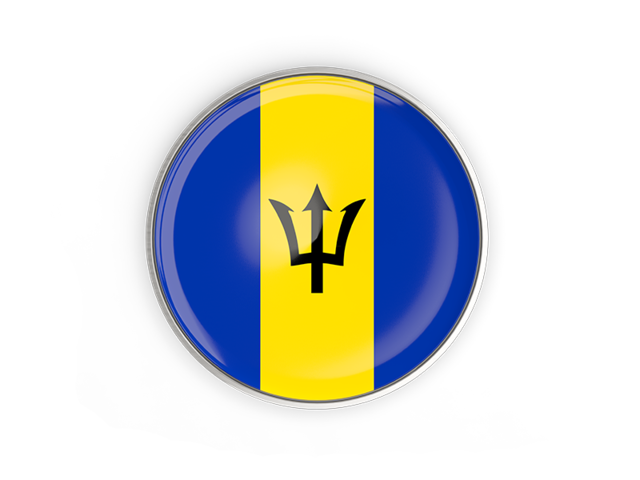 Round button with metal frame. Illustration of flag of Barbados