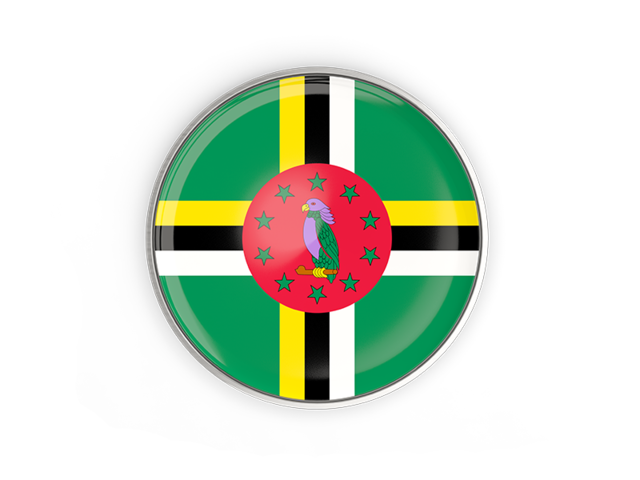 Round button with metal frame. Download flag icon of Dominica at PNG format