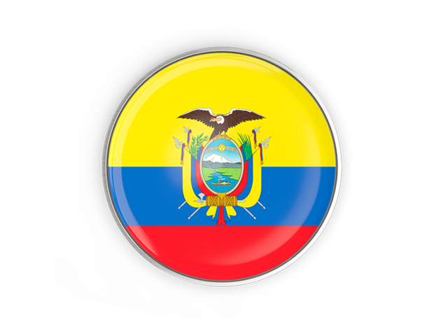 Круглая кнопка с металлической рамкой. Скачать флаг. Эквадор