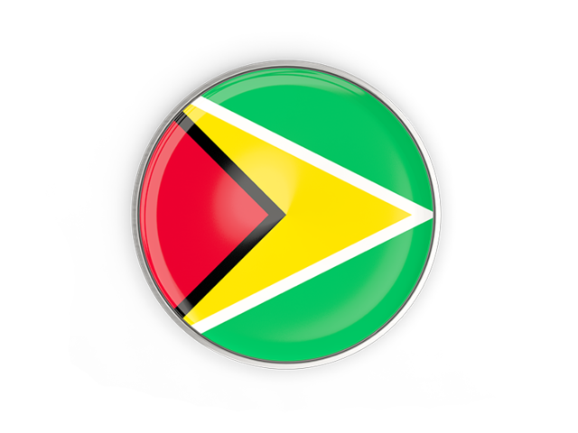 Round button with metal frame. Illustration of flag of Guyana