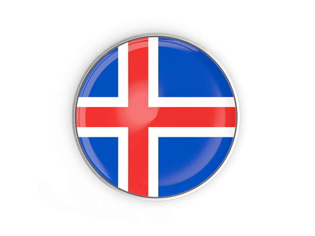 Круглая кнопка с металлической рамкой. Скачать флаг. Исландия