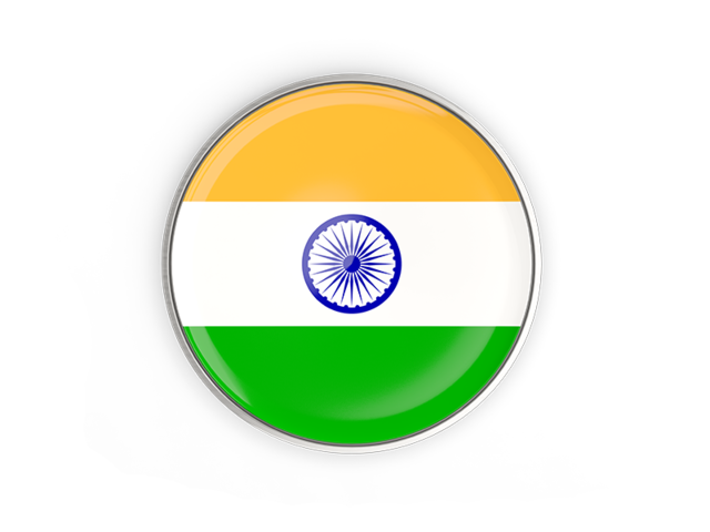 Round button with metal frame. Download flag icon of India at PNG format