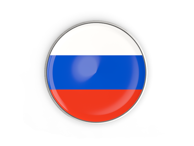 Round button with metal frame. Illustration of flag of Russia
