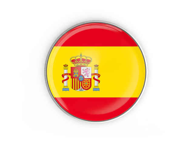 Round button with metal frame. Illustration of flag of Spain