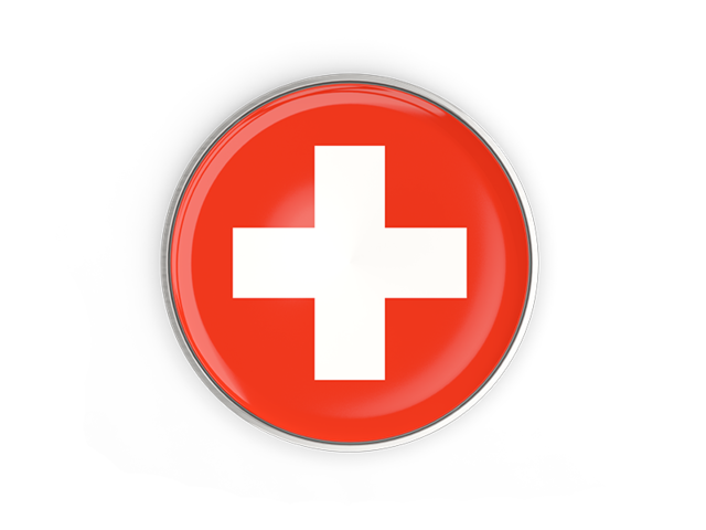 Round button with metal frame. Download flag icon of Switzerland at PNG format