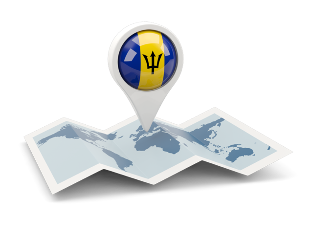 Круглая иконка над картой мира. Скачать флаг. Барбадос