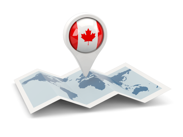 Round pin with map. Illustration of flag of Canada