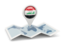 Республика Ирак. Круглая иконка над картой мира. Скачать иллюстрацию.