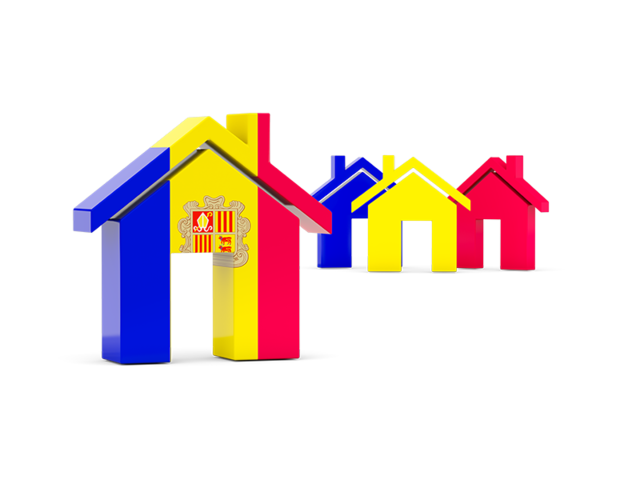 Three houses with flag. Download flag icon of Andorra at PNG format
