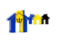 Barbados. Three houses with flag. Download icon.