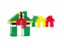 Dominica. Three houses with flag. Download icon.